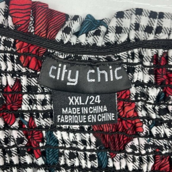 City Chic Poppy Floral Gingham Plaid Smocked Off-the-Shoulder A-Line Dress 24 - Picture 7 of 10